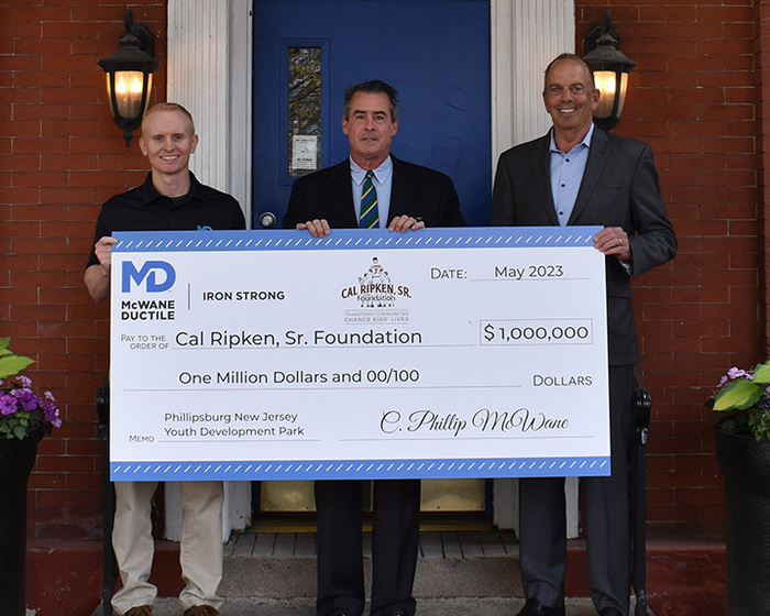 Pictured Left to Right: Keith Mallett, Vice President and General Manager – McWane Ductile New Jersey Jeffrey E. Finegan, Sr., Phillipsburg Youth Development Park Committee Member Chuck Brady, Senior Vice President of Development – Cal Ripken, Sr. Foundation Photo credit: Kelly Bray